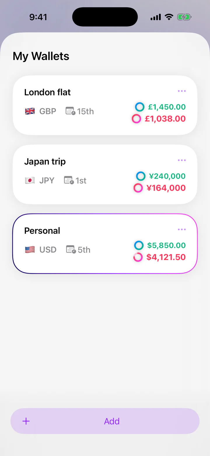 Monly My Wallets screen listing three wallets in their own currencies: London flat in pounds, Japan trip in yen and Personal in US dollars.