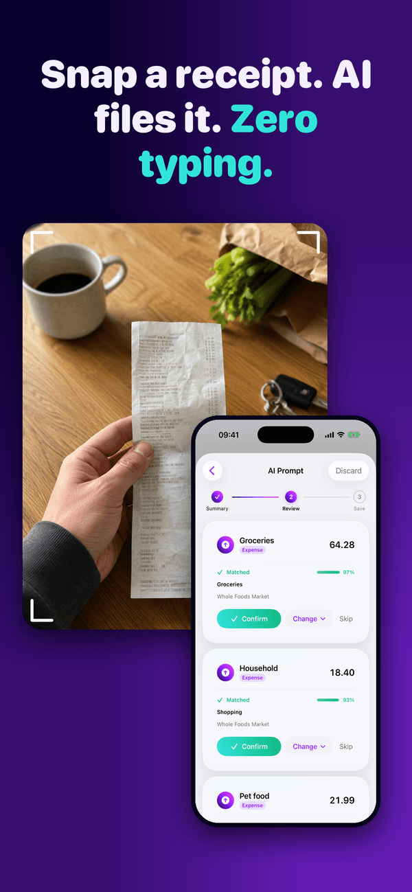 Monly receipt scanning screen with the headline “Snap a receipt. AI files it. Zero typing.”