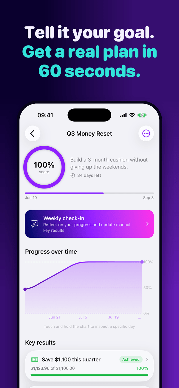 Monly plan screen with the headline “Tell it your goal. Get a real plan in 60 seconds.”
